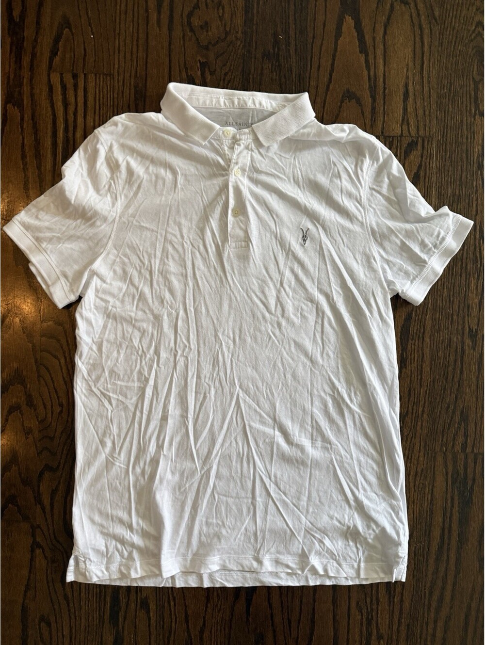 AllSaints Mens White Organic Cotton Slim Fit Ramskull Polo Shirt XL But Feels L